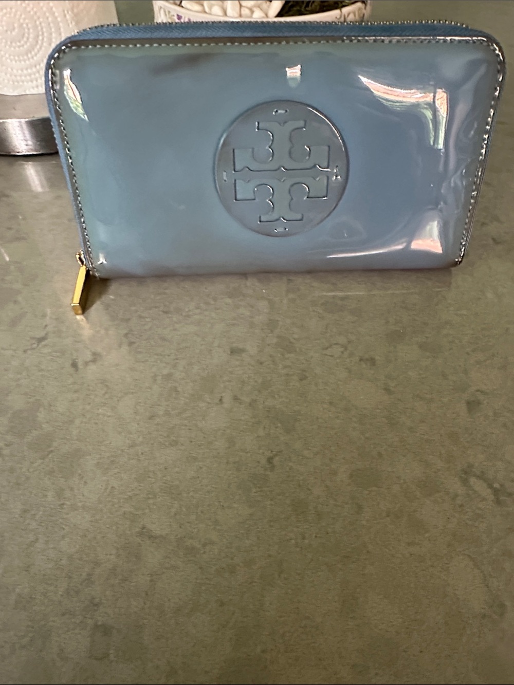 Tory Burch Glossy Teal Zip-Around Wallet with Logo